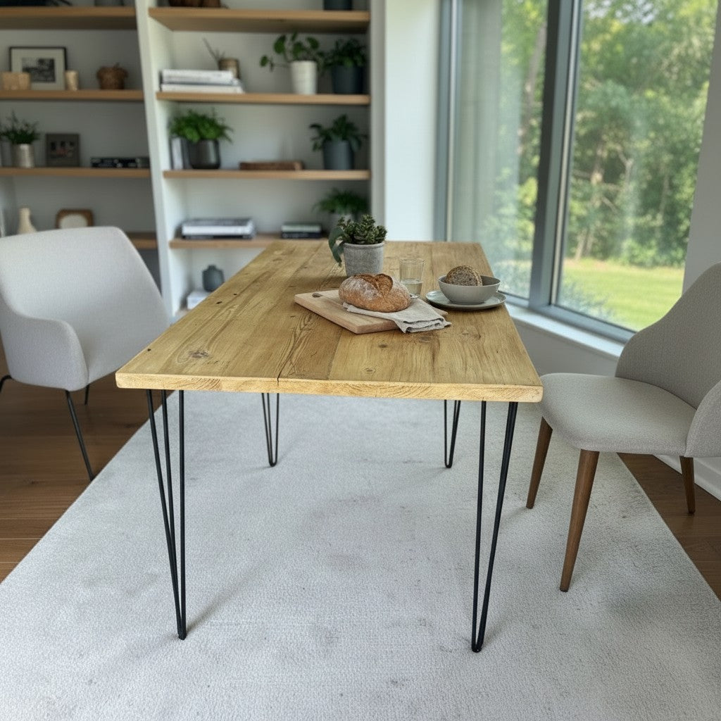 Dining area with a wooden table and chairs in a room with large windows.