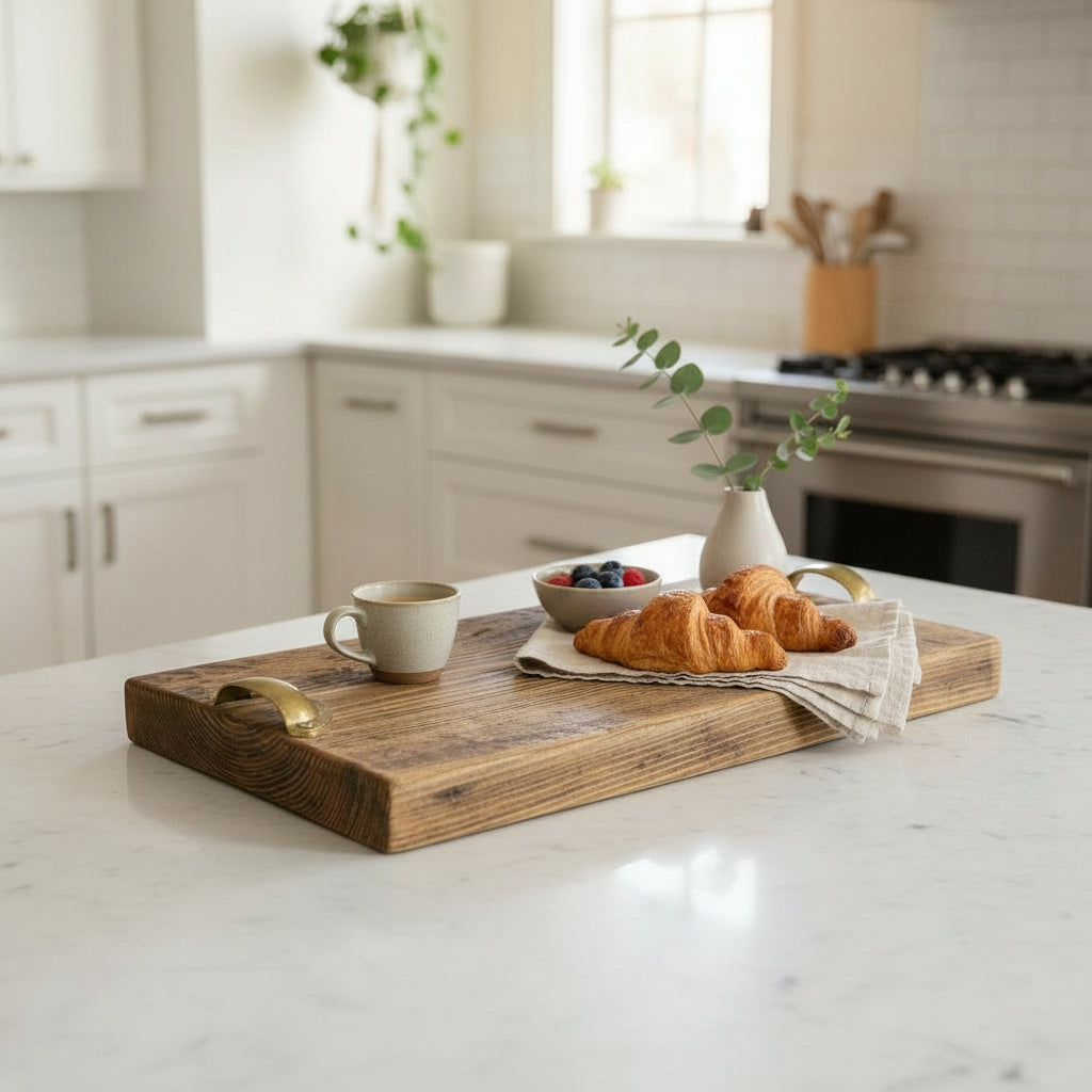 Reclaimed Wood Charcuterie Board with Solid Brass Handles – Handcrafted Serving Board