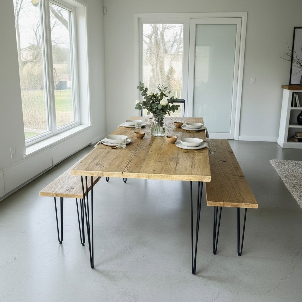 Table à manger en bois recyclé avec bancs – Fabriquée à la main pour cuisine et salle à manger