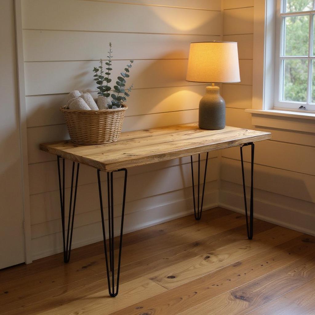 Wooden console table with black hairpin legs against a wooden wall.