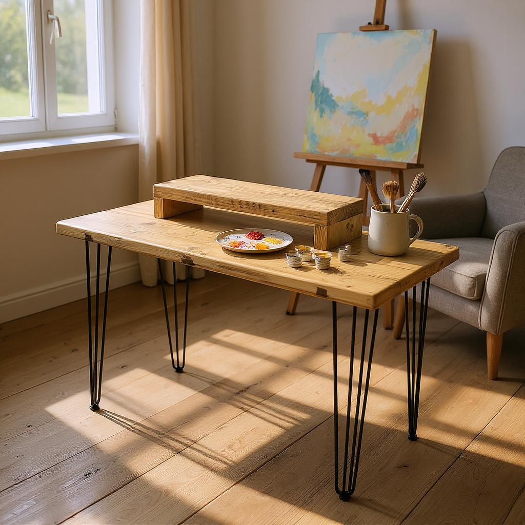 Wooden coffee table with hairpin legs in a room with a painting on an easel and a plate of food.
